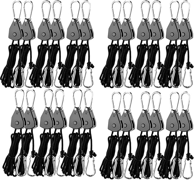 Grow Light Rope Hanger ,1/8" 8-Feet Long Heavy Duty Adjustable Rope Clip Hanger, Adjustable Rope Ratchet Hangers 150 Lbs per Pair (12 Pairs)