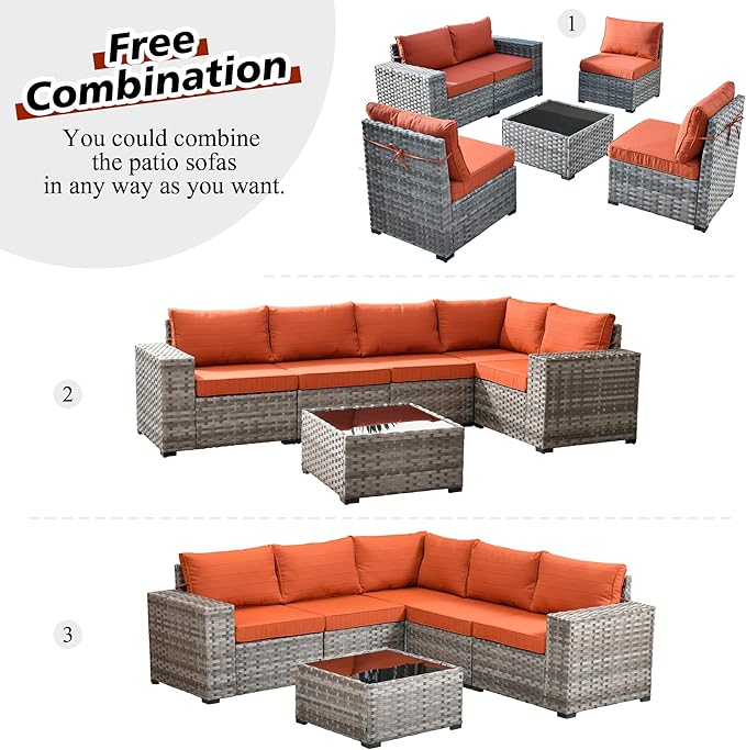 HOOOWOOO 9 Piece Modular Patio Outdoor Sectional Furniture Set with Swivel Rocking Chairs,Wicker Conversation Sofa Set,Outside Couch Set with Wide Arm(Orange Red)