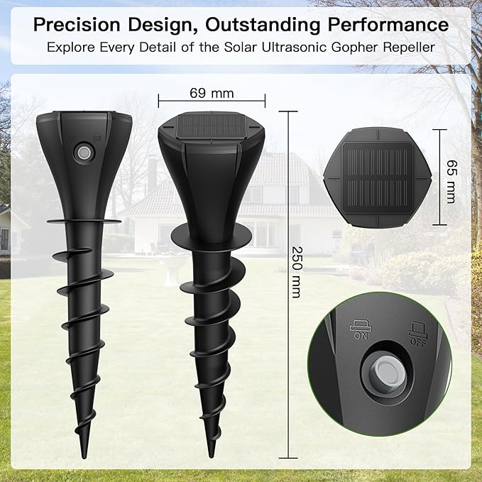 4 Pack Mole Repellent Solar Powered, Snake Vole Repellent Outdoor, IP65 Waterproof Snake Deterrent Gopher, Waterproof Sonic Mole Spikes for Lawn and Garden, Get Rid of Moles, Groundhogs, and Rodents