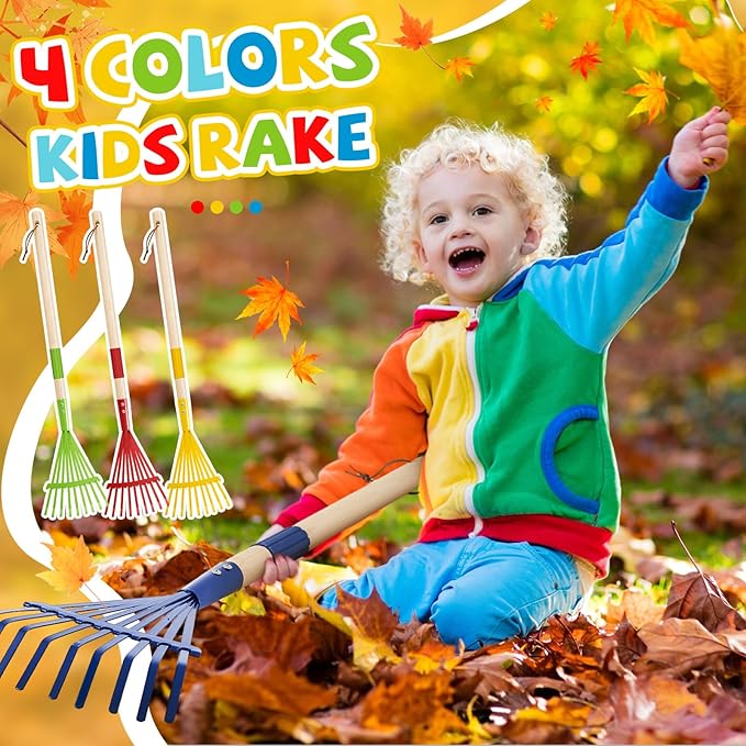 Suclain 4 Pcs Mini Rakes with Hardwood Handle Small Rake for Gardening Yard Tools Multicolor 28'' Mini Rake for Leaves Lightweight for Garden Leaf Tools