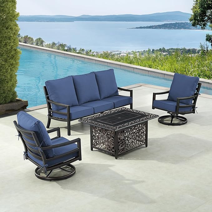 Oakland Living Black Aluminum Patio Fire Table Set with Deep Seating Sofa with Cushions and Two Club Chairs with Blue Cushions