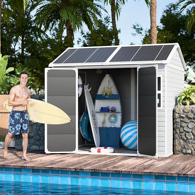 CDCASA 8x6 FT Resin Storage Shed, Waterproof Large Outdoor Sheds with Floor Included & Lockable Door & 2 Windows, Outside Plastic Tool Shed for Backyard, Patio, Poolside, Bike, Dove Grey