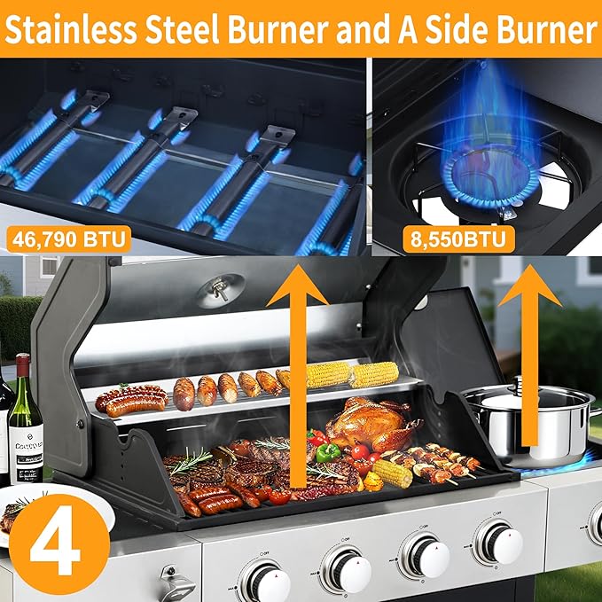 4 Burner Propane Gas BBQ Grill with Side Burner - 46890 BTU Output Stainless Steel Grill with Enameled Cast Iron Cooking Grid Side Table for Outdoor Backyard Patio Barbecue