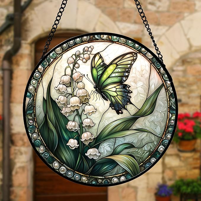 Stained Glass Window Hanging, Lily of The Valley Flower Butterfly Suncatcher for Doors Home Sun Catchers Decoration and Christmas, Mother's Day Birthday Gifts for Women, Men, Mom 9.8 in