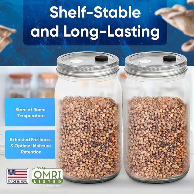 Surfin' Spores Mushroom Growing Grain Jars, Sterilized Hydrated Grain Spawn | 32 oz Glass Jars w/Self-Healing Injection Ports & Filter | Milo, Oyster Shell, & Gypsum Blend | 1 lb Per Jar (Two Pack)