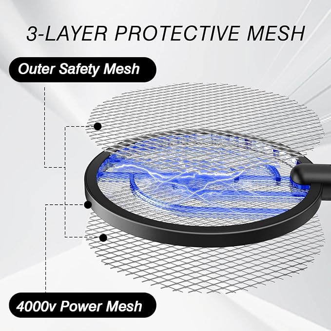 Bug Zapper Racket, 2 in 1 Fly Swatter USB Rechargeable, 4000V Electric Fly Zapper with 4 Layer Safety Mesh,Electric Racket for Kitchen, Home, Garden and Outdoors