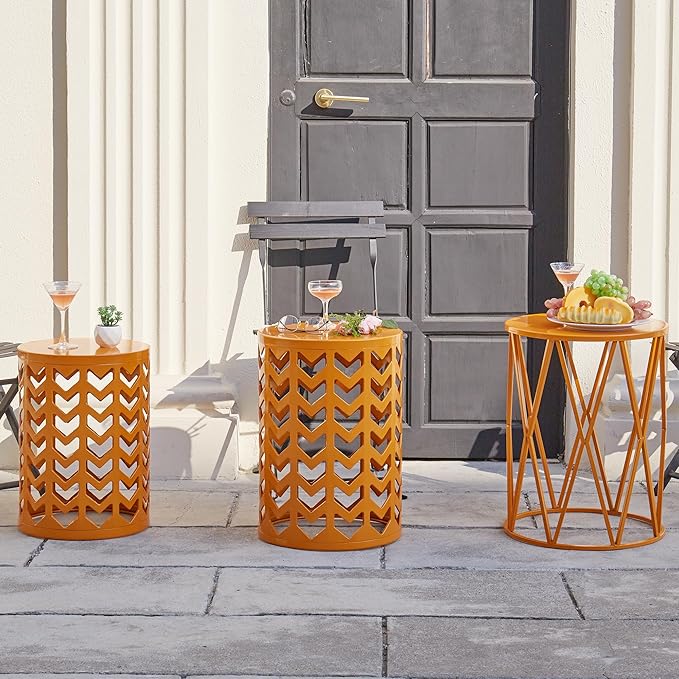 Y&M Set of 3 Stacking Coffee Table for Living Room, Patio Side Table,Indoor End Tables for Bedroom, Outdoor Decorative Garden Stool with Heavy Duty Metal Frame Modern Industrial Decor - Orange
