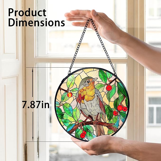 TNUW Bird Stained Glass Window Hanging, Bird Botanical Sun Catchers Indoor Window Glass Round Wall Art Decor, Birds Lover Gifts Wall Hanging Decorations, 7.9"x7.9"