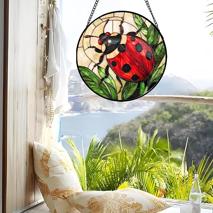 Stained Glass Window Hanging - Red Seven-Spotted Ladybug Sun Catcher for Door Home Decor Insect Suncatcher Christmas Mother's Day Birthday Gifts for Women Men Mom Nana 9.8 in
