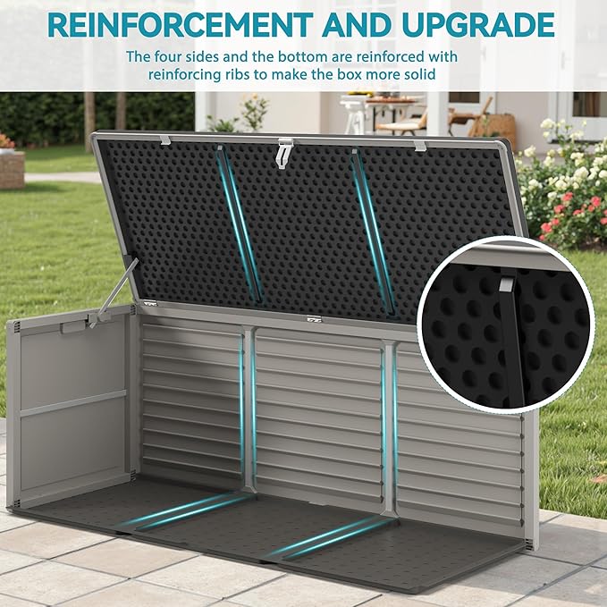 Resin Deck Box, 130 Gallon Outdoor Storage Box with Lockable Lid, Waterproof Patio Storage for Garden Tools & Outdoor Accessories (Dark Black) (Light Gray)