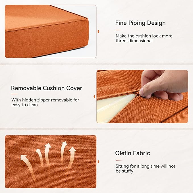 Luxury 6" Outdoor Cushions for Patio Furniture, 24x24x6 Thick Seat Cushion Set of 10, Fade Resistant Couch Chair Replacement Cushions High Density Wicker Chair Cushion w/Removable Cover, Orange