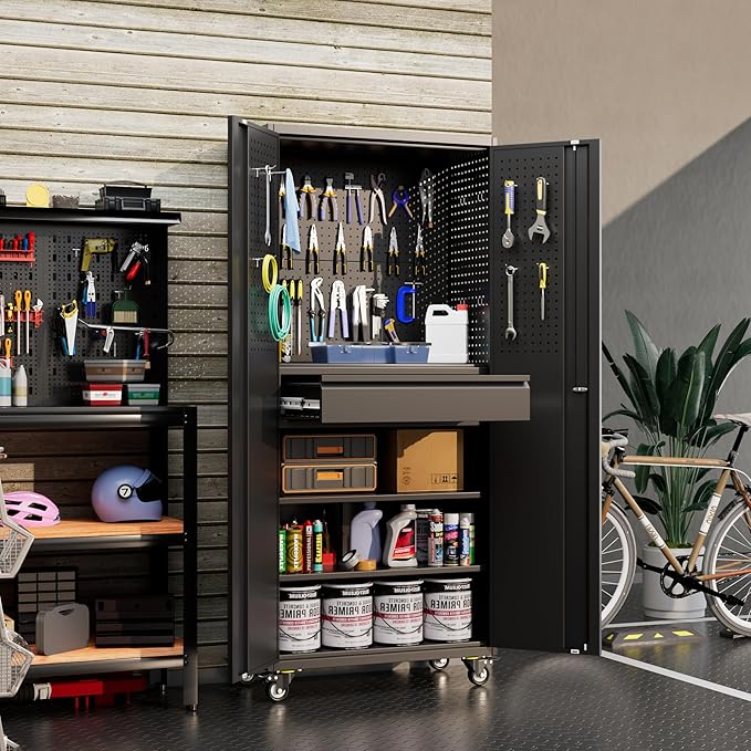 71" H*15" D*30" W Metal Garage Storage Cabinet with Wheels and Doors,Lockable Tool Storage Cabinet with Pegboard Hooks and Drawer for Garage Warehouse Home,Required Assembly,Black