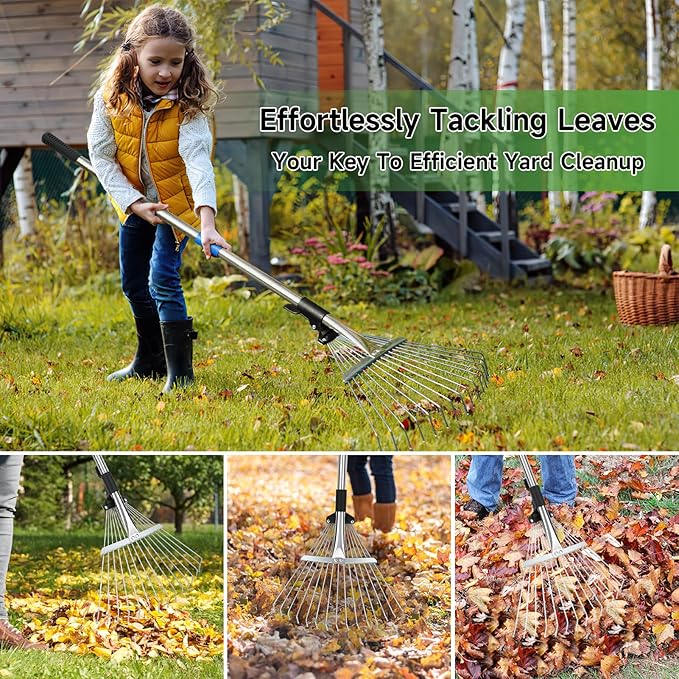 Metal Leaf Rake with Adjustable Handle,SAN LIKE 68 inch Garden Rake Set with 32 Gallon Leaf Bags Leaf Scoops,Heavy Duty Yard Rakes for Gardening Lawns Yard Outdoor Camping