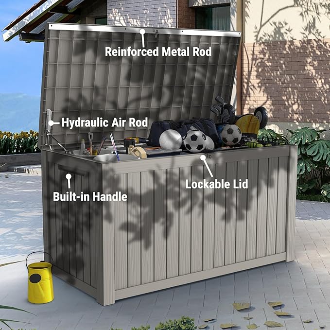 Mars Villa 180 Gallon Outdoor Storage Box Waterproof, Extra Large Resin Deck Box, Outside Storage Bin for Patio Furniture Cushion, Pool Supply, Sports Gear, UV Resistant and Weatherproof, Greige