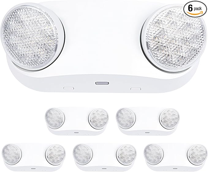 GRUENLICH LED Emergency Light with Battery Backup, 2 Adjustable Bug Eye Heads Lights, US Standard, AC 120-277V, Hardwired Commercial Emergency Exit Light for Business, 6-Pack