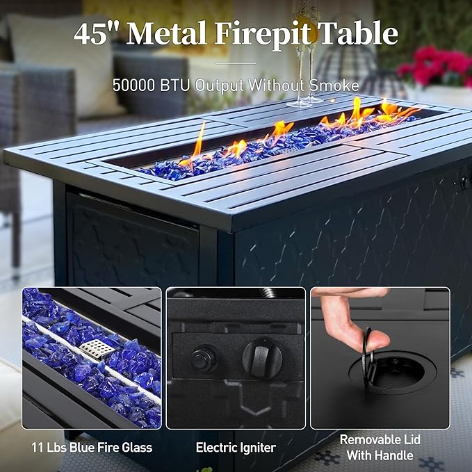 Patio Furniture Set with Firepit Table, Metal Outdoor Patio Furniture, 2 Single Chairs, 3 Seater Sofa, 2 Ottomans with 5.75" Extra Thick Cushion and Gas Firepit Table for Backyard Deck