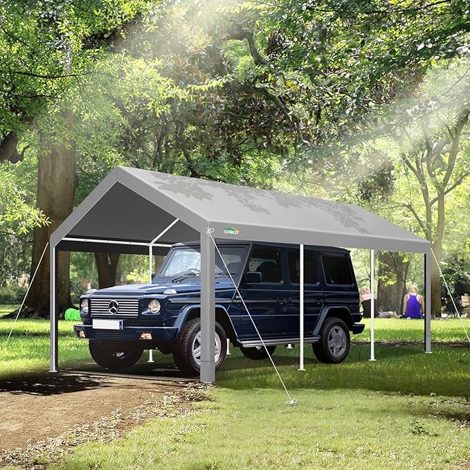 COBIZI Carport 10x20ft Heavy Duty Portable Garage, 2.0 Powder Coated Frame(Better Than Galvanized), Waterproof Shelter with Built-in Sandbags, for Car/Boat/SUV, Gray