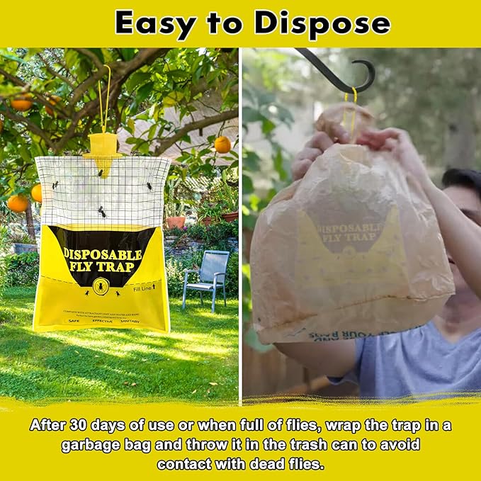Glovv 2 Pack 10.8 * 12.6 Inch Big Fly Trap for Patio, Bags Outdoor Disposable, Hanging Flies Catcher with Bait, Ranch Repellent Hunter Killer Stable Horse Control for Barn, Farm, Bugs