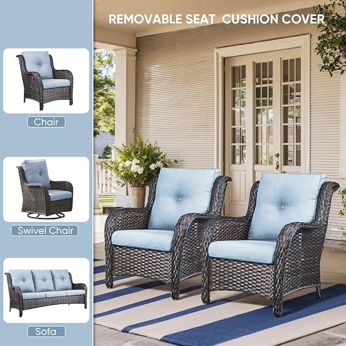 7-Piece Outdoor Patio Cushion Set - Fade & Water Resistant with Removable Olefin Cover, 22x24x4 Inch Memory Foam Cushions for Wicker Sectional Sof - Blue/Buckle