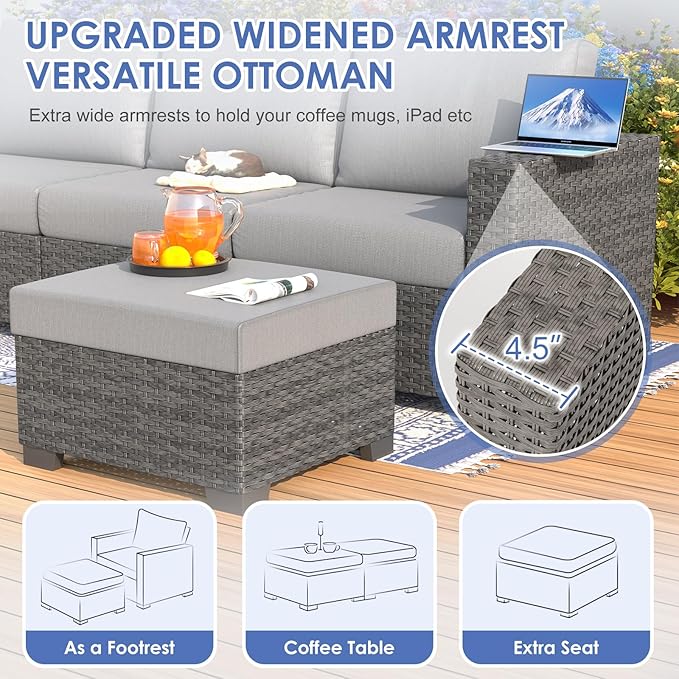 ABCASA Patio Furniture Set, Oversized 7 Piece 5 Seats Comfortable Wicker Rattan Outdoor Furniture Set with Ottoman,Deep Seat & 4.72'' Soft Cushion Patio Conversation Sets for Porch,Deck,Backyard,Grey