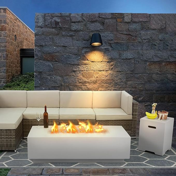 ECOTOUGE Gas Fire Pit, Outdoor Propane Firepit Table Set w/Tank Cover, 56''Auto-Ignition Rectangle Steel Fire Table, 50,000 BTU Concrete fire Pit w/Weather-Resistant Pit Cover, Lava Rocks, White