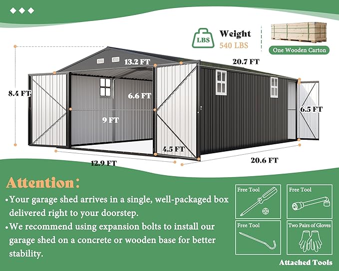 AMERLIFE 13x21x8.4 FT Outdoor Metal Garage Shed, Extra Large Storage Shed with Double Hinged Doors, 4 Windows, Carport for Car, Truck, Bicycle and Lawn Equipment, Dark Gray