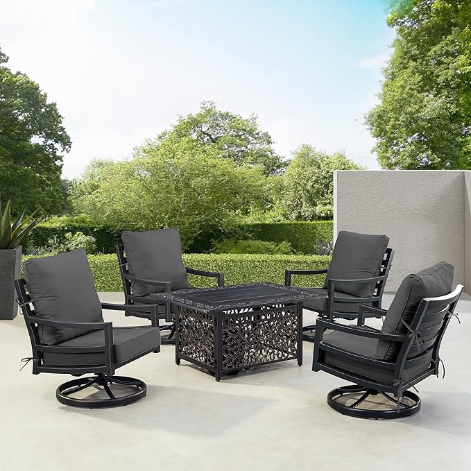 Oakland Living Black Aluminum Patio Fire Table Set with Four Club Chairs with Black Cushions