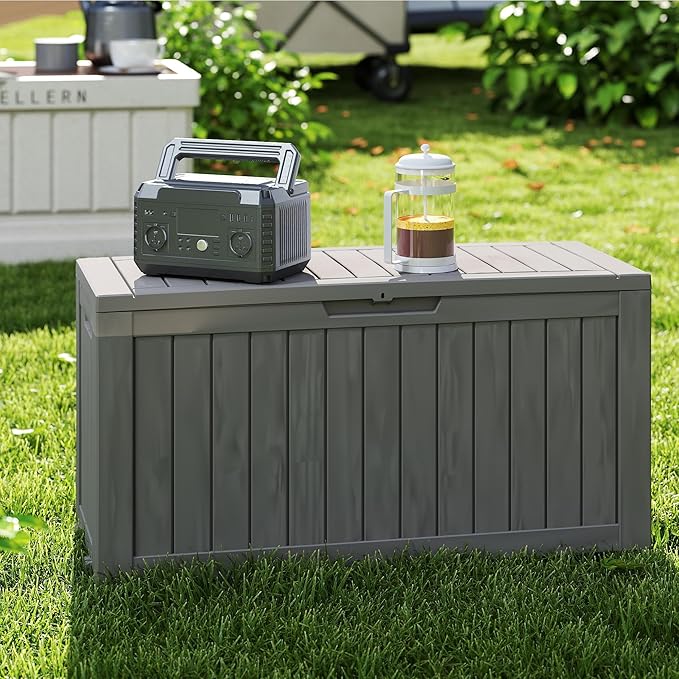 75 Gallon Waterproof Large Resin Deck Box Indoor/Outdoor Lockable Storage Container and Seating for Garden, Pool, and Patio (75 Gallon, Grey)