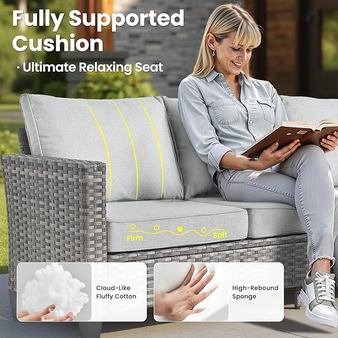 ovios 10 Pieces Patio Furniture Set, Outdoor Wicker Sofa Couch with Rocking Swivel Chairs Solar Lights Table Fire Pit, Modern Deep Seat Rattan Conversation Sets, Grey
