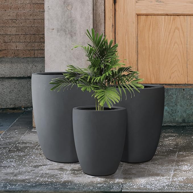 Kante 18.1",20.5",22.4" H Tall Round Concrete Planters Set of 3, Outdoor Indoor Modern Decorative Plant Pots with Drainage Hole & Rubber Plug for Home & Garden Charcoal