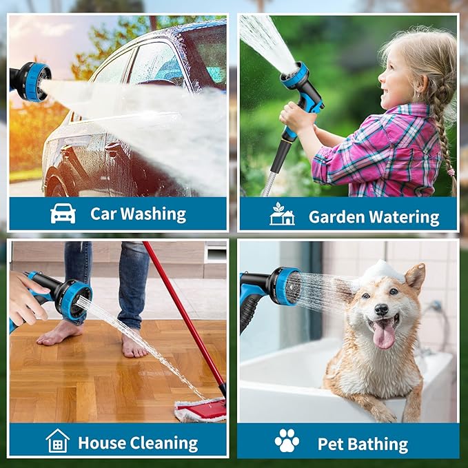 Stainless Steel 25FT Garden Hose with 10 Functions, Adjustable Spray Nozzle, Flexible Durable No Kink Leak Dog Proof Metal Water Hose for Yard Lawn
