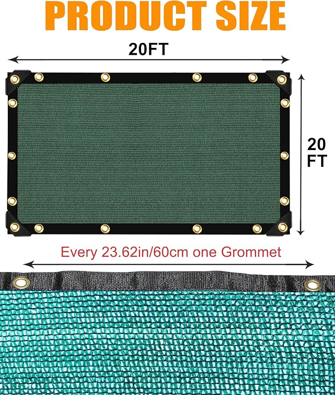 E.share 40% Shade Cloth for Garden, 20 Ft X 20 Ft Sun Shades Outdoor Patio with Grommets for Plant Covers,Porch Screen,Pergola Shade Cover,Greenhouse,Green