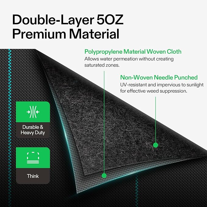 VIVOSUN Premium Weed Barrier Landscape Fabric Heavy Duty, 3ftx50ft 5oz Double-Layered Weed Control Mat with High Permeability with 12 Landscape Staples, Easy Set up & Superior Weed Control