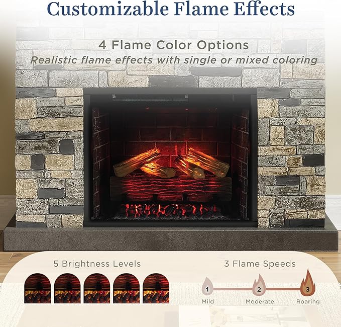 Country Living - Dixson Fireplace Mantel Package, 28β Fireplace Insert, Stone Brick Mantel Surround, Alexa/WiFi Enabled, 1500W