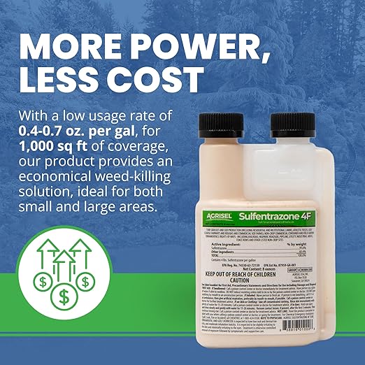 Sulfentrazone 4F Weed Killer, Pre-Emergent and Post-Emergent, Broad-Spectrum Control, Stops 100+ Weeds, Pet Safe, Includes 3-Pack of Agrisel Protective Gloves, 8 Ounces