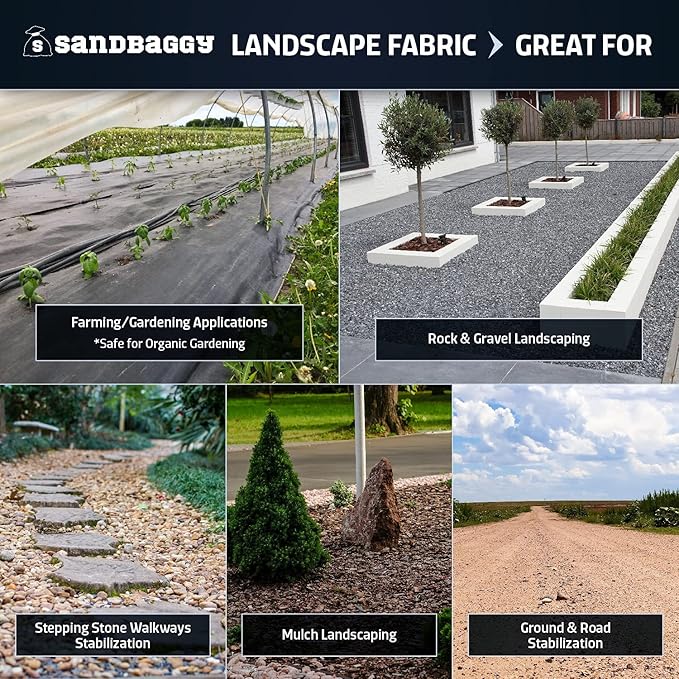 Sandbaggy 10 ft x 200 ft Landscape Fabric | 40 Year Fabric | for Weed Barrier, Ground Cover, Garden | Industrial Grade | 135 Lbs of Tensile | UV Protected | DOT Approved (1 Roll - 10 ft x 200 ft)