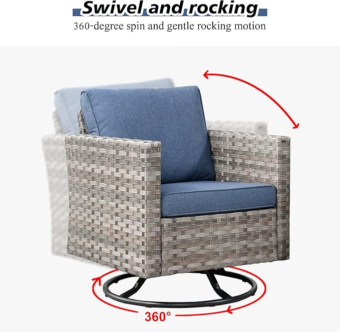 HOOOWOOO 9 Piece Modular Patio Outdoor Sectional Furniture Set with Large Propane Fire Pit Table,Wicker Conversation Sofa Set with Swivel Chairs,Outside Couch Set(Denim Blue)