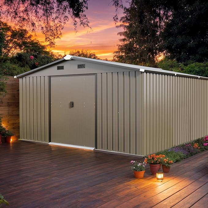 10x12 FT Outdoor Storage Shed, Large Metal Garden Shed with 2 Windows, Outside Tool Sheds with Lockable Sliding Doors, Waterproof Storage Building with 4 Air Vents for Backyard, Patio, Lawn, Brown