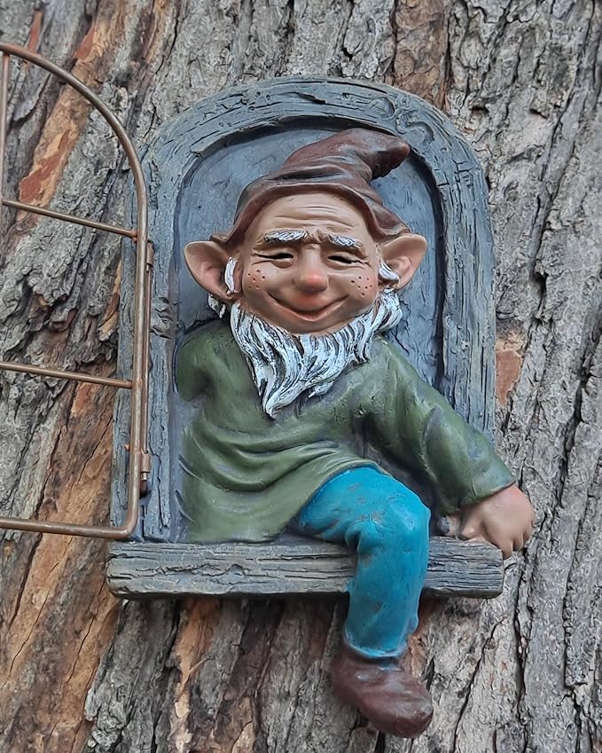 Gnome Tree Faces Decor Outdoor Statue, Whimsical Yard Art Decor Garden Fairy Sculpture for Fence Lawn Patio Porch Home, Tree Hugger Peeker 12 Inch Tall