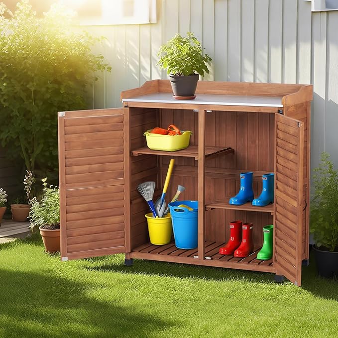 Outdoor Potting Bench with Metal Work Top,Waterproof Garden Storage Cabinet,Wooden Tool Station Shed for Backyard,Patio,Lawn Gardening