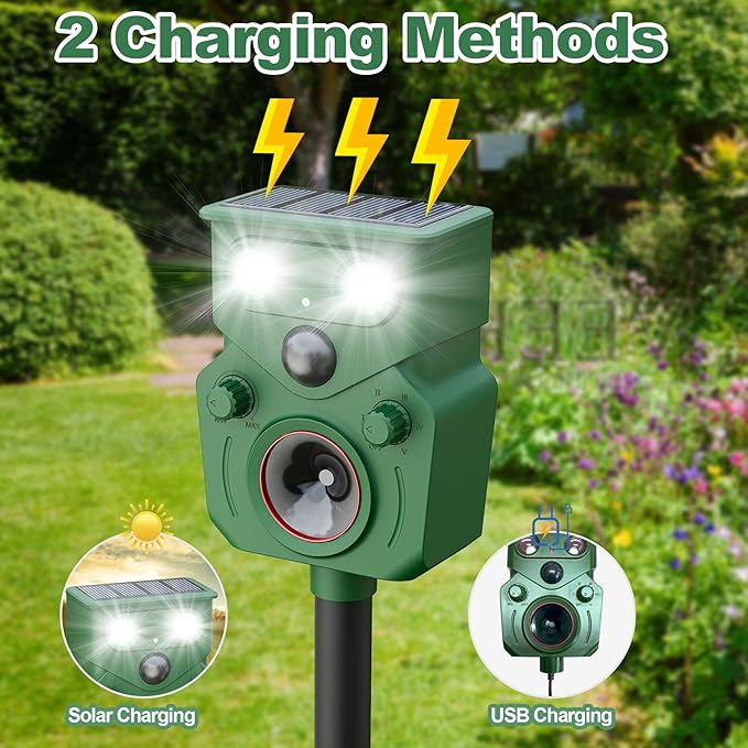 Ultrasonic Animal Repeller Solar Powered Squirrel Repeller Motion Sensor Deer Deterrent Rabbit Cat Dog Control Device with 5 Modes and Flashing Lights Outdoor Yard Lawn Orchard Garden