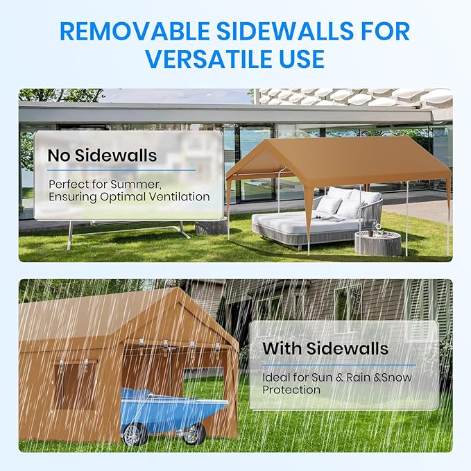 Carport 10x20 Heavy Duty Portable Garage,Carport Canopy with Roll-Up Windows & Doors,Portable Garage and Shelter with Removable Sidewalls,Car Tent Garage with All-Season Tarp for Bike Lawnmower Truck