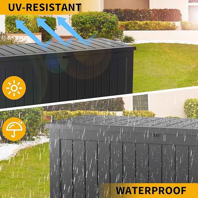 270GAL Extra - Large Black Outdoor Deck Box with Lock Hole- Waterproof, SGS - Tested UV Resistance, Roomy Storage for Lawn Mowers, Camping Gear, and More, Quick and Easy to Set Up