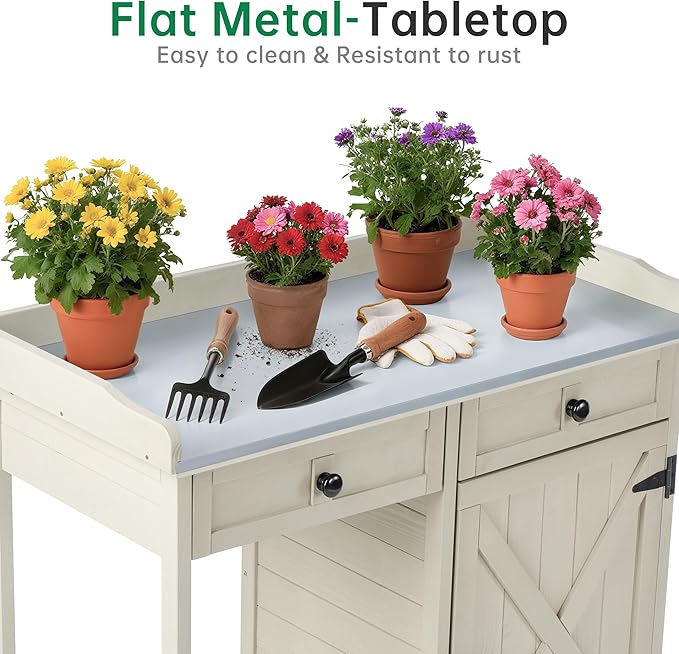 Outdoor Potting Bench with Storage Cabinet & Metal Tabletop, Garden Work Table, Wood Planting Workstation for Patio, w/Drawer