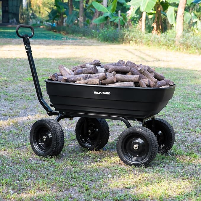 BILT HARD 1200 lbs Poly Garden Dump Cart with No Flat Tires, Quick Release, 2-in-1 Convertible Handle, 7 Cu Ft Dump Wagon Heavy Duty for Yard, Outdoor