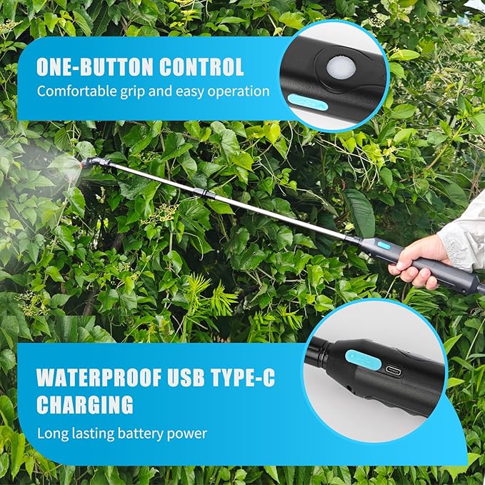 2 Gallon Battery Powered Sprayer, Electric Garden Sprayer, Pump Sprayer with 3 Mist Nozzles & USB Rechargeable Handle & Retractable Wand & Adjustable Strap for Lawn, Garden, Yard (Blue)