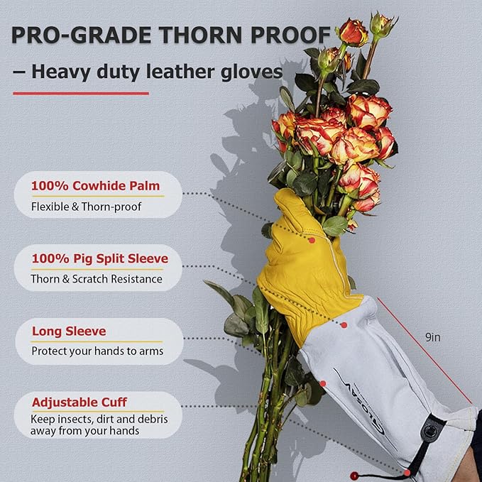 Gardening Gloves Thorn Proof for Rose Pruning & Cactus Trimming, Long Leather Garden Gloves for Women & Men (Large)