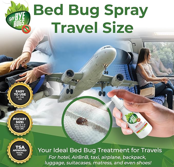 Bed Bug Spray Travel Size- Non-Toxic and Kills on Contact. Stain & Odor Free Bed Bug Spray. New Formula for Getting Rid of Bed Bugs Permanently (2 oz) TSA Approved Size-Travel Must Haves