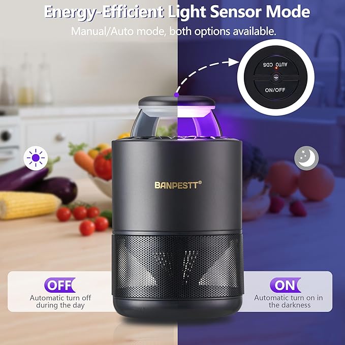 BANPESTT Indoor Insect Trap-Catcher & Killer with Suction for Mosquitos, Gnats, Moths, Fruit Flies, Dusk-to-Dawn Sensor, Bug Light & 6 Sticky Glue Boards (Black)