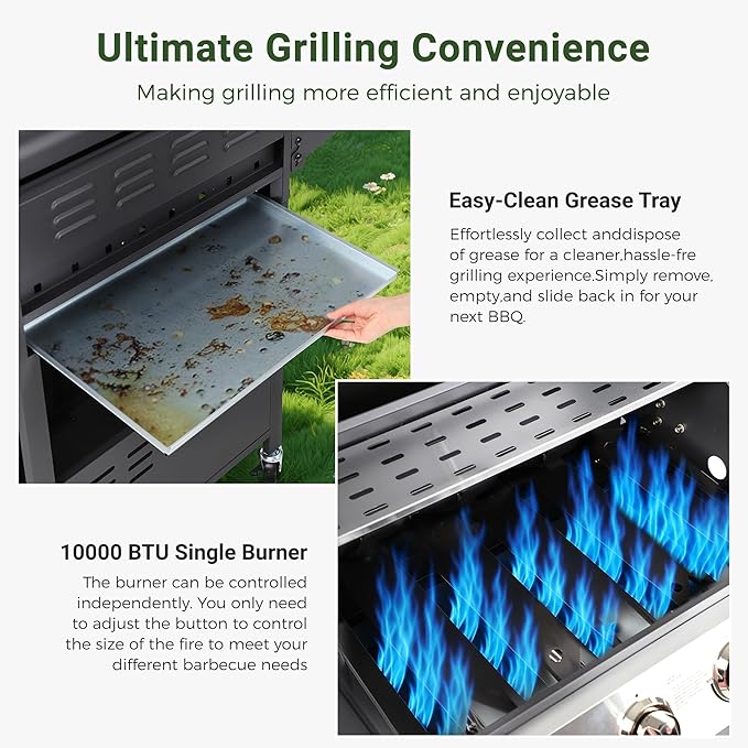 4-Burner Propane Gas BBQ Grill with Wheels, 40,000 BTU Output Stainless Steel Barbecue Grill for Backyard & Outdoor Cooking Easy Assembly, Foldable Side Tables & Spice Rack (Dark Black)